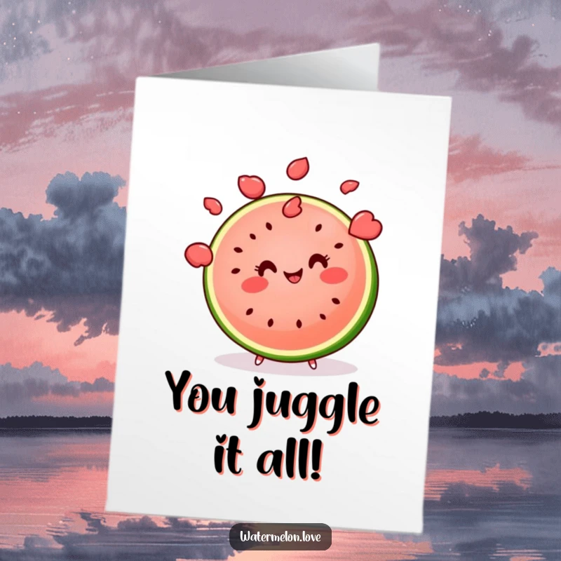 Funny Free Printable Congratulations Card: A kawaii watermelon slice with a smile expertly juggles seeds, celebrating a significant achievement.
