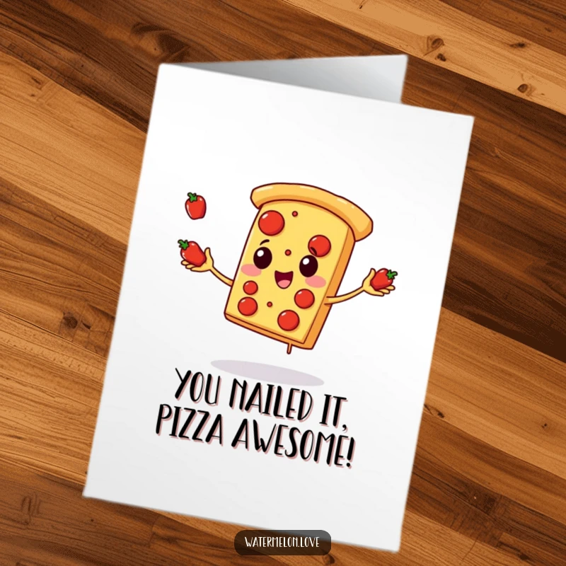 Funny Free Printable Congrats Card: A happy pizza slice juggling pepperoni, celebrating achievements with culinary flair.