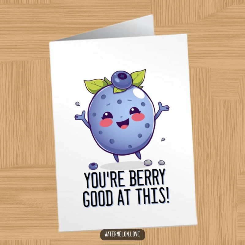 Funny Free Printable Congratulations Card: A beaming blueberry artistically juggles tiny seeds, symbolizing a great accomplishment.