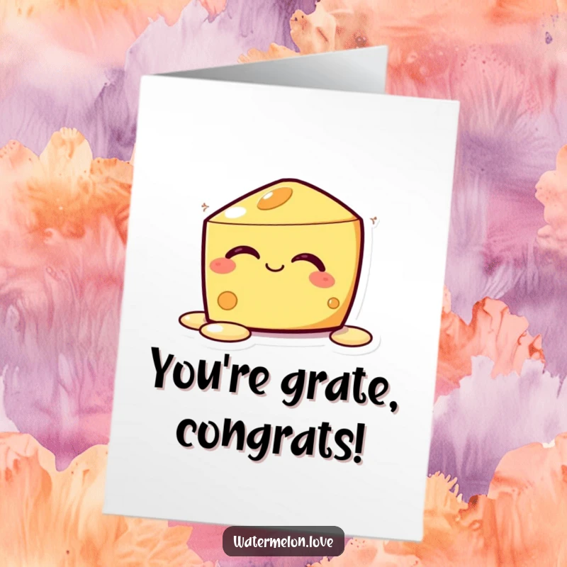Funny Free Printable Congratulations Card: A kawaii cheese character blissfully melting, radiating happiness for a congratulatory moment.
