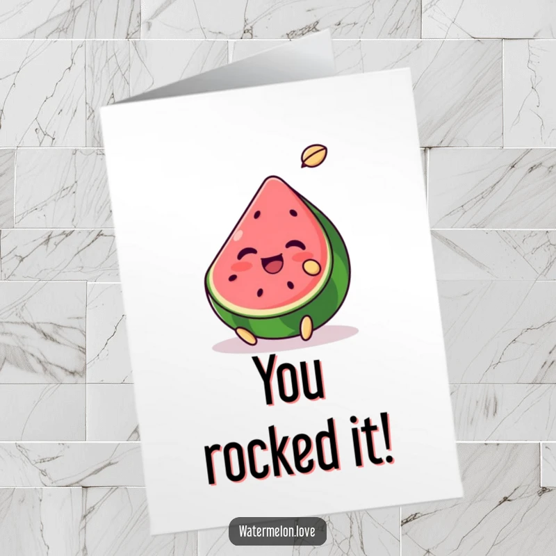 Funny Free Printable Congratulations Card: A joyous watermelon chunk joyfully tossing a small seed upwards in celebration.