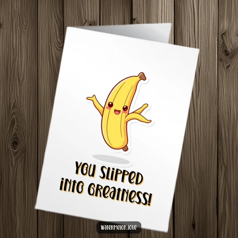Funny Free Printable Congrats Card: A cheerful banana peel performing a delightful dance on its tip, celebrating achievements, downloadable art.