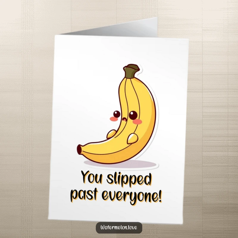 Funny Free Printable Congratulations Card: A surprised banana peel slips comically, perfect for celebrating any milestone.