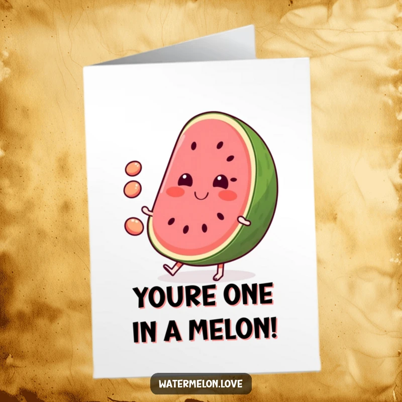 Funny Free Printable Congratulations Card: A smiling watermelon slice juggling its seeds with enthusiasm.
