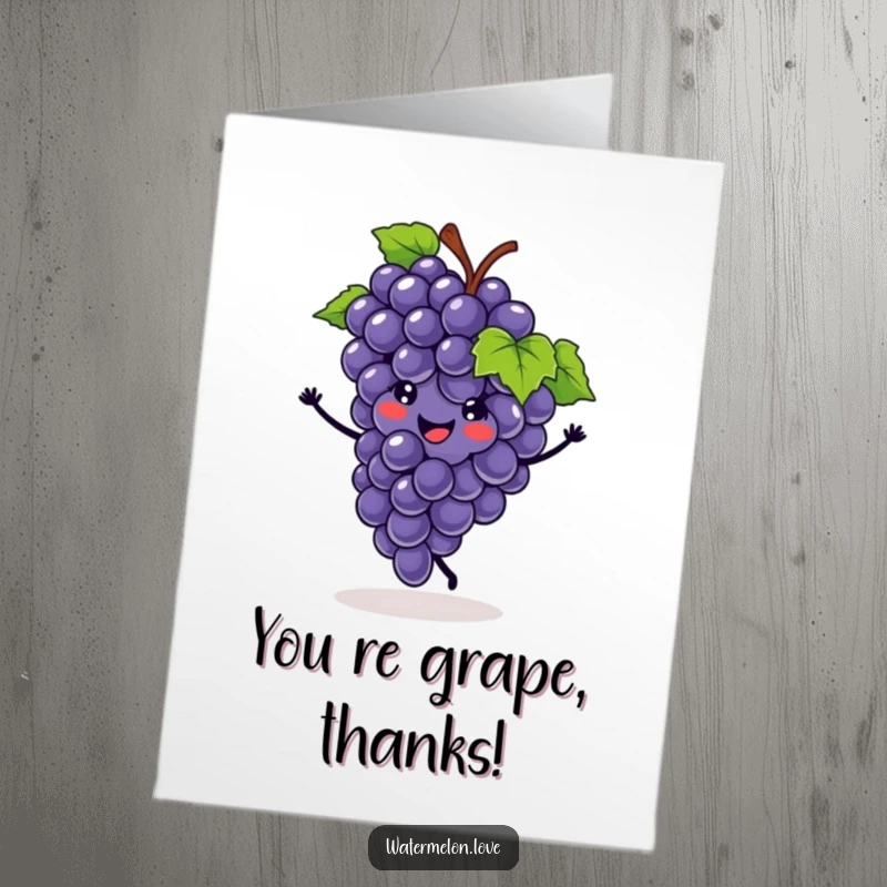 Funny Free Printable Thank You Card: Smiling grape cluster performing a dynamic cartwheel to convey thanks.