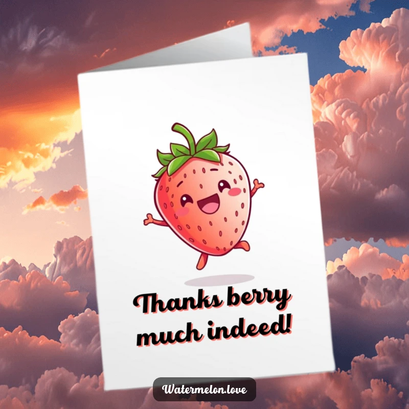 Funny Free Printable Thank You Card: A happy, grinning kawaii strawberry jumping playfully to express heartfelt thanks.