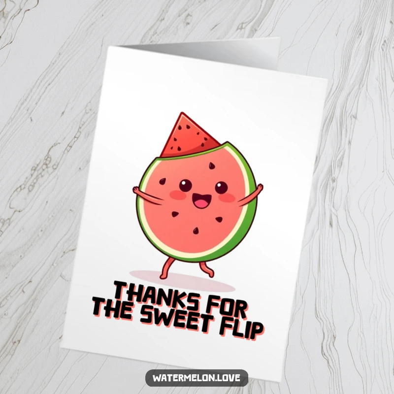 Funny Free Printable Thank You Card: A kawaii watermelon slice does a cartwheel, expressing joyful gratitude.