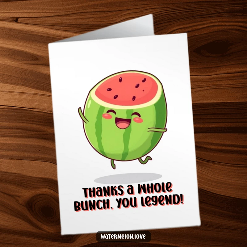 Funny Free Printable Thank You Card: A happy watermelon slice bouncing, perfect for sending heartfelt, humorous thanks.