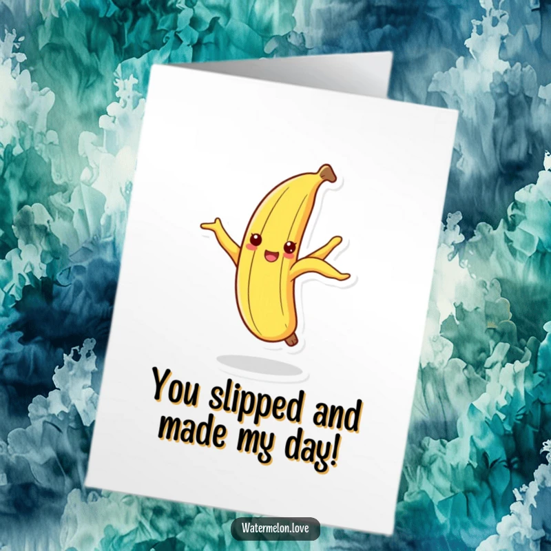 Funny Free Printable Thank You Card: A joyful banana peel dancing precariously on its tip, expressing thanks humorously, downloadable art.