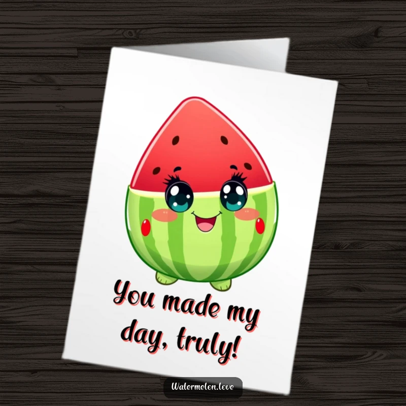 Funny Free Printable Thank You Card: A watermelon character's eyes sparkle with delight, conveying a warm and cheerful thank you.