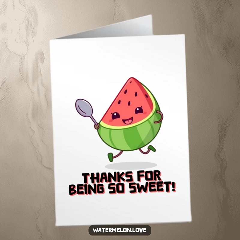 Funny Free Printable Thank You Card: Energetic kawaii watermelon with a mischievous grin, clutching a giant spoon, ready to deliver thanks.