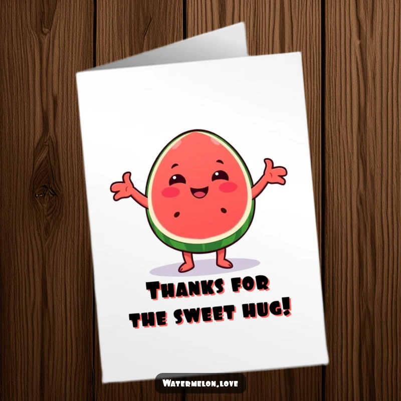 Funny Free Printable Thank You Card: A cheerful Kawaii watermelon wedge with arms outstretched, giving a big hug to show appreciation.