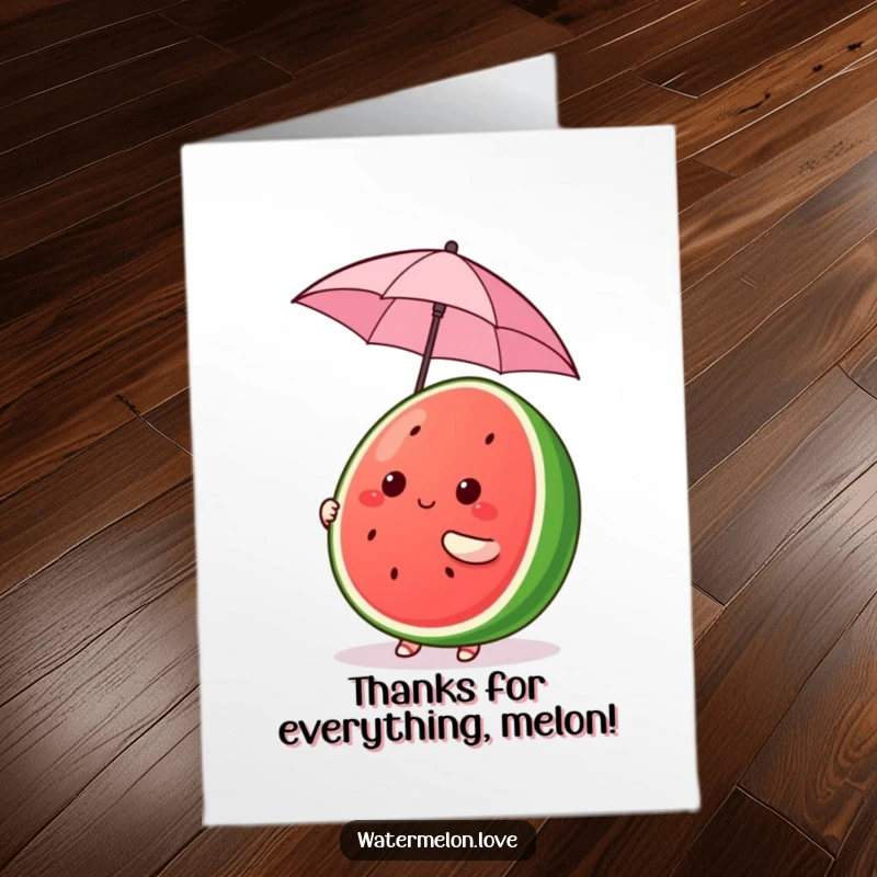 Funny Free Printable Thank You Card: A kawaii watermelon character comically balancing a tiny umbrella, offering thanks with cheer.