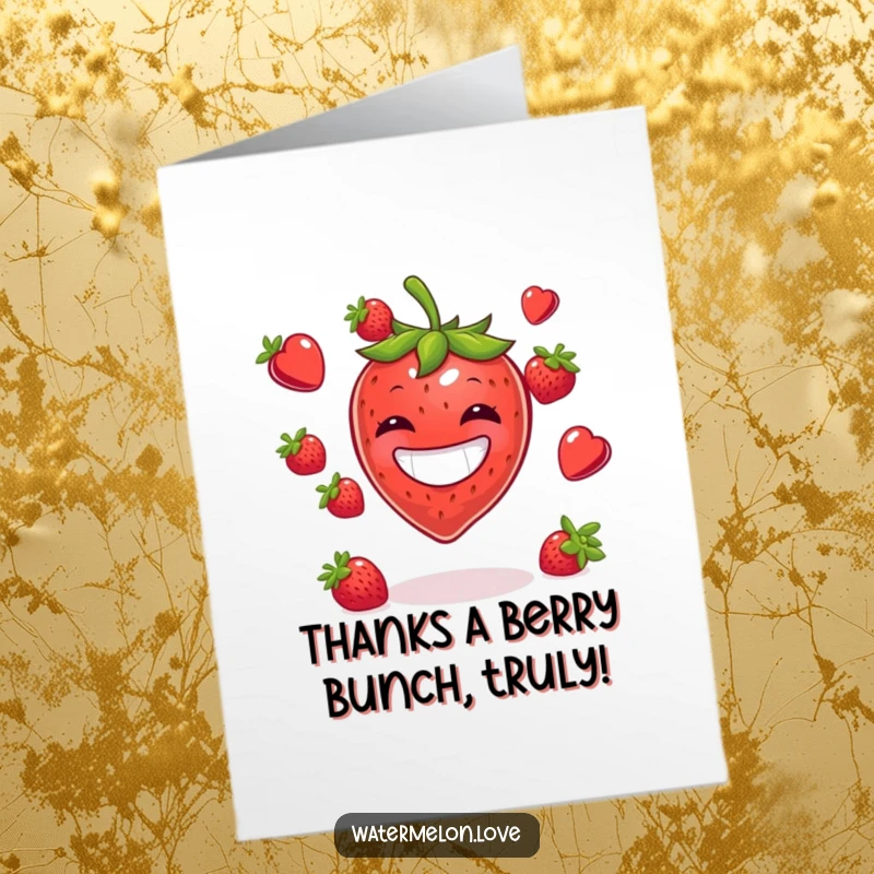 Funny Free Printable Thank You Card with a grinning strawberry juggling berries, a cheerful expression of thanks.