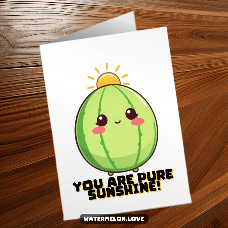 Funny Free Printable Thank You Card: A watermelon character under a bright sunshine halo looks upward, conveying heartfelt, divine thanks.