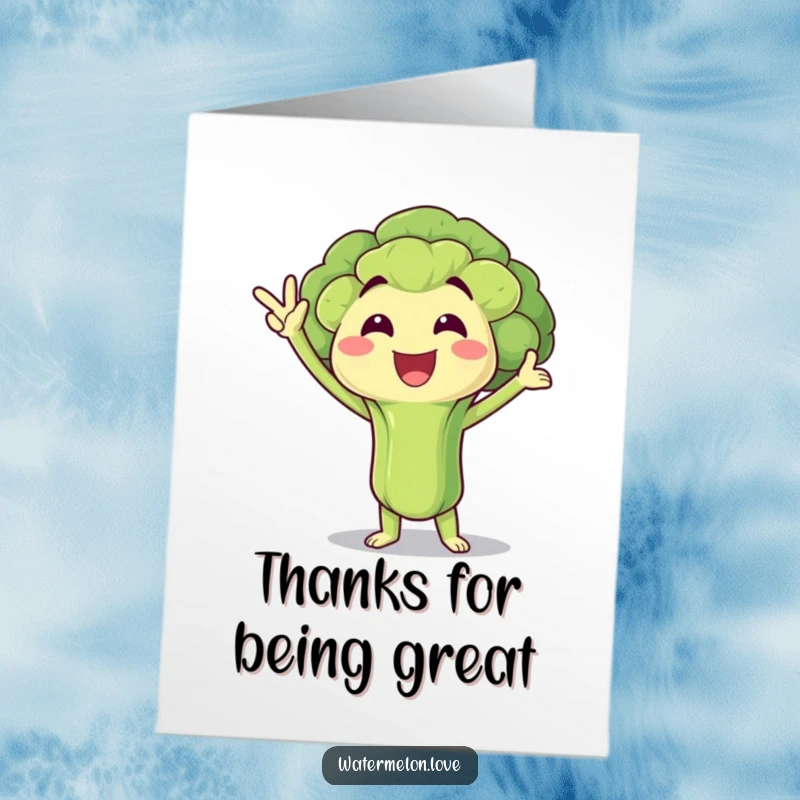 Funny Free Printable Thank You Card: Jubilant broccoli floret in a victory pose, expressing thanks, healthy, humorous, printable.