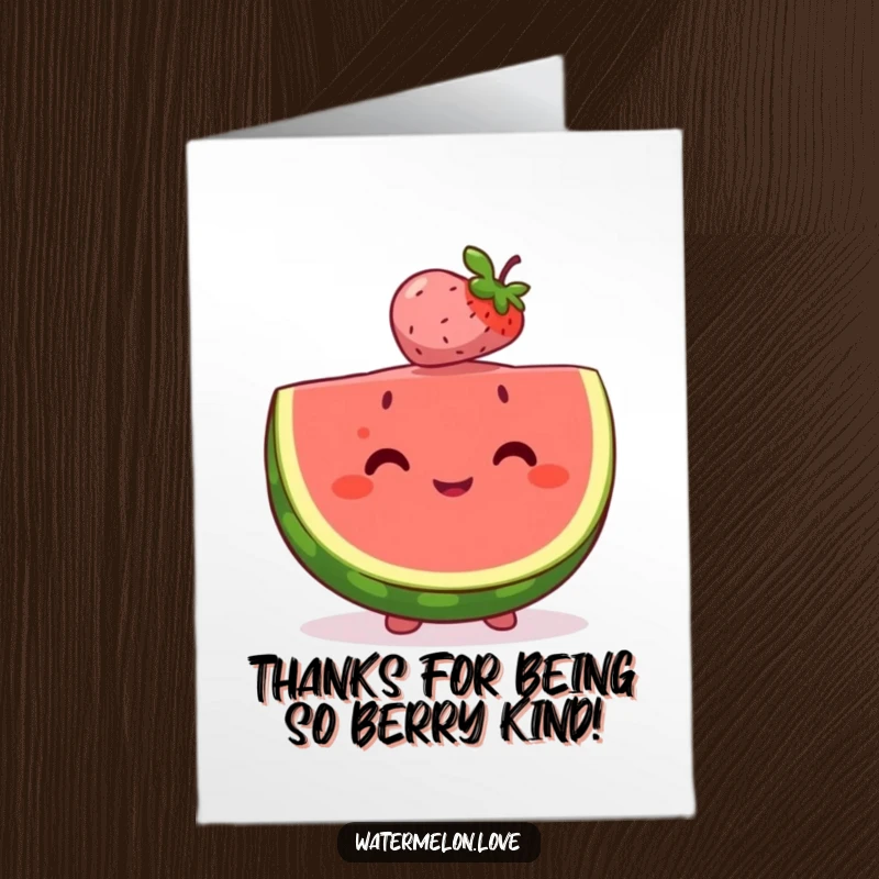 Funny free printable thank you card with a happy watermelon slice balancing a tiny, cheerful berry on its head.
