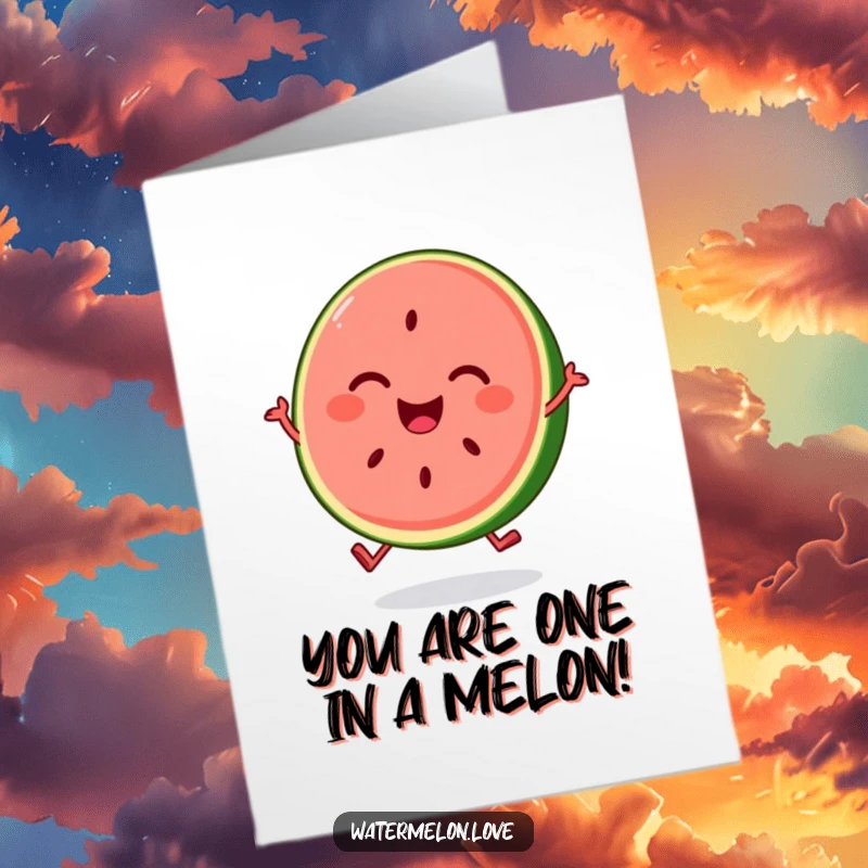 Funny Free Printable Thank You Card: A smiling watermelon slice bounces with joy, conveying thanks with a downloadable fruity cheer.