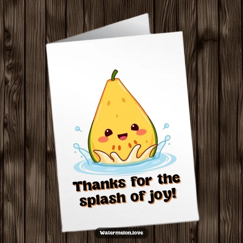 Funny Free Printable Thank You Card featuring a cheerful watermelon wedge happily splashing in a water droplet, conveying fresh thanks.