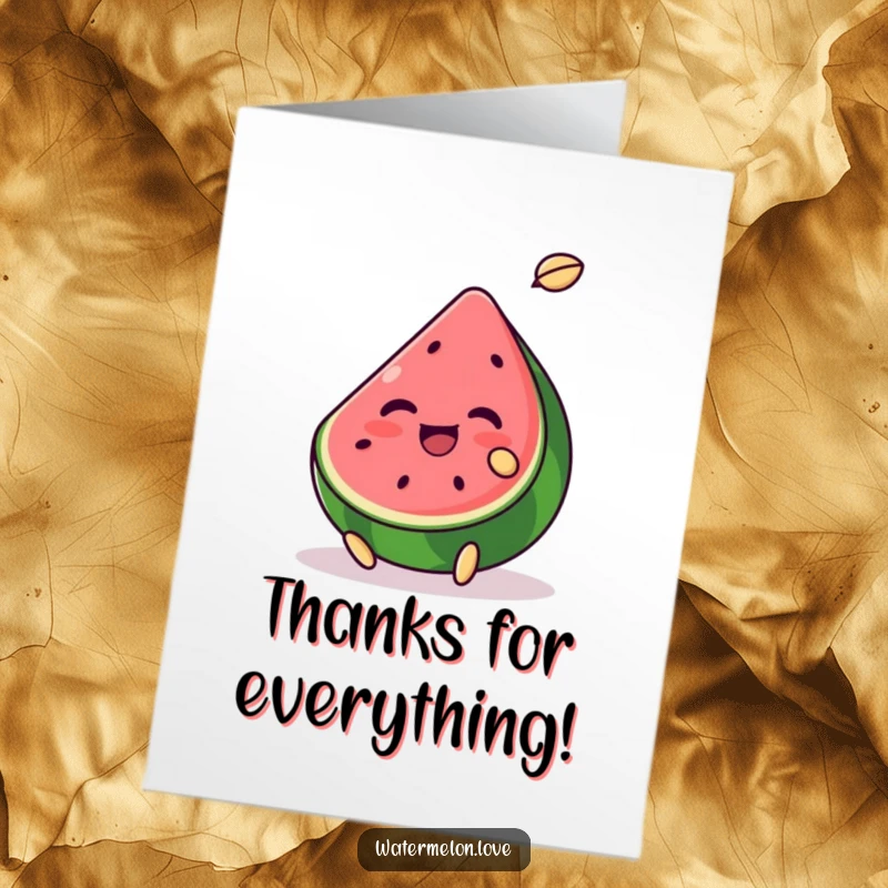 Funny Free Printable Thank You Card: A watermelon chunk expertly tossing a tiny seed, signifying a grateful gesture.