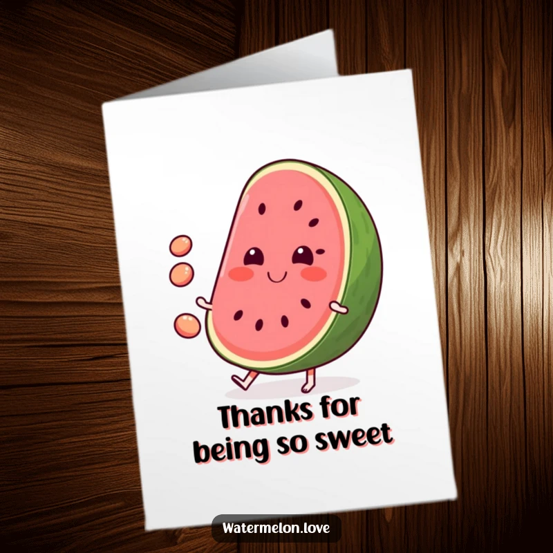 Funny Free Printable Thank You Card: A smiling, anthropomorphic watermelon slice juggling small seeds.
