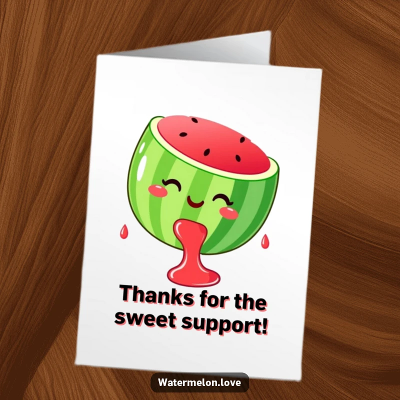 Funny Free Printable Thank You Card: a smiling watermelon dripping happy juice drops, conveying thanks.