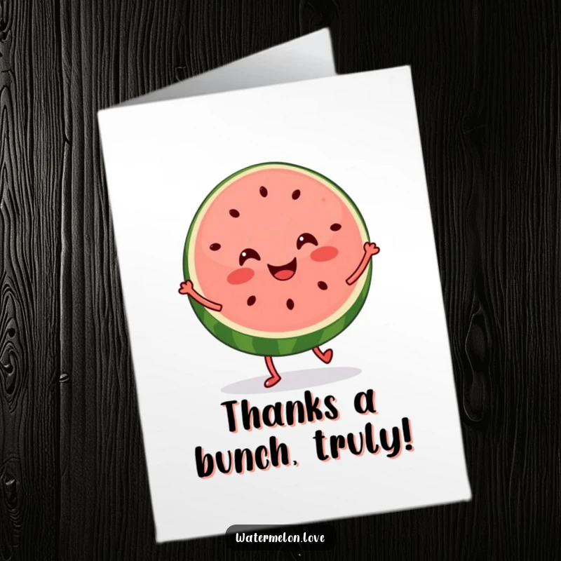 Funny Free Printable Thank You Card: A joyful watermelon slice with tiny legs dancing a happy jig of thanks.