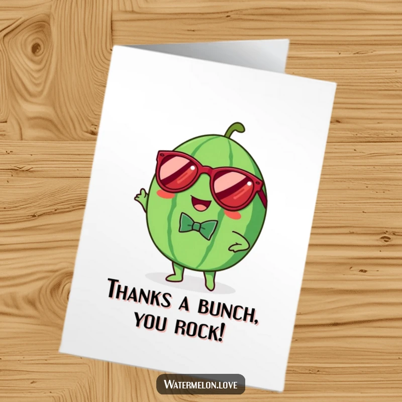 Free Printable Thank You Card: A cheerful Kawaii watermelon with sunglasses and bowtie, striking a stylish pose to say thanks.