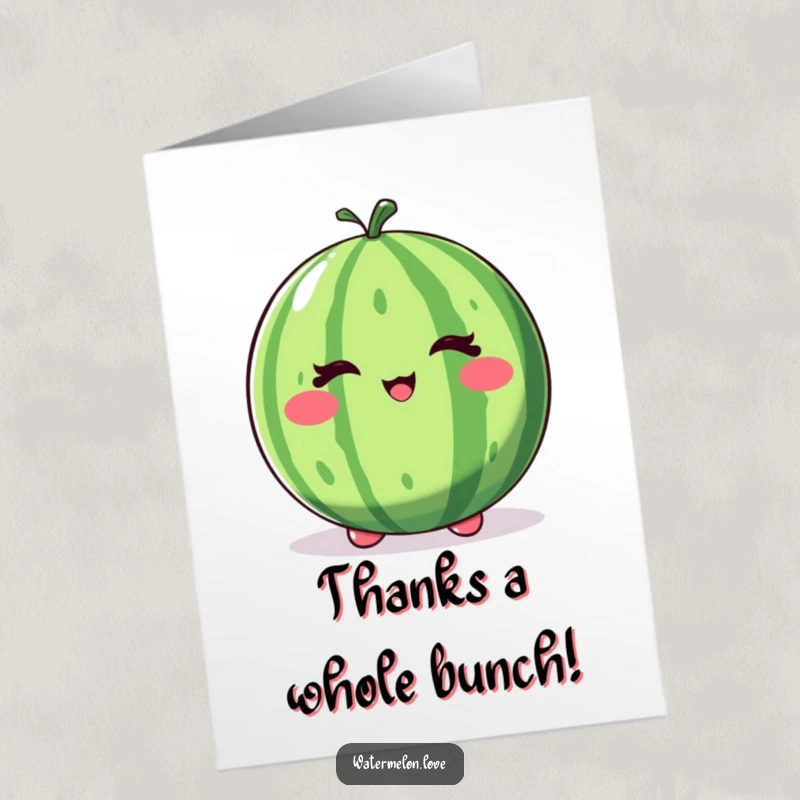 Funny Free Printable Thank You Card: A cheerful watermelon with a knowing wink and a bouncy attitude, expressing thanks, downloadable art.