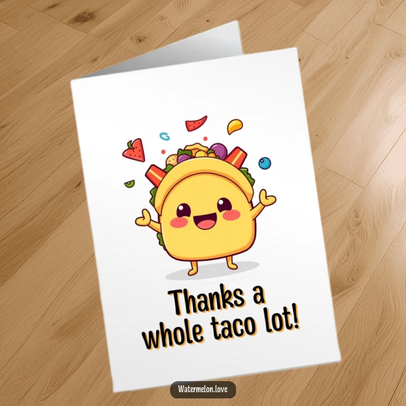 Funny Free Printable Thank You Card: A cheerful kawaii taco character with a big smile, juggling various colorful toppings for a thank you.