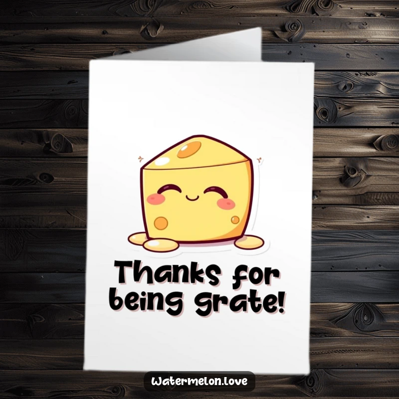 Funny Free Printable Thank You Card: A kawaii cheese wedge with closed eyes, melting contentedly to show sincere thanks.