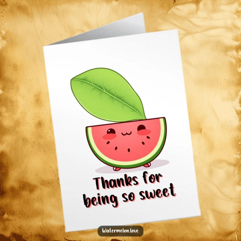 Free Printable Thank You Card: A blushing Kawaii watermelon slice peeking from behind a leaf, showing shy thanks.