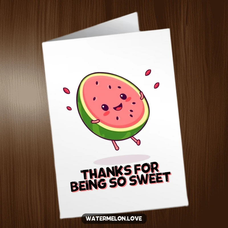 Funny Free Printable Thank You Card: Kawaii smiling watermelon slice doing a cartwheel, with seeds scattering, showing energetic thanks.
