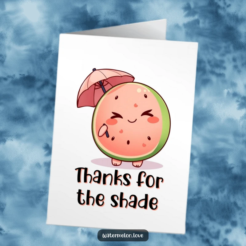 Funny Free Printable Thank You Card: Kawaii watermelon slice with a mischievous wink, holding a tiny umbrella, charmingly cheeky.