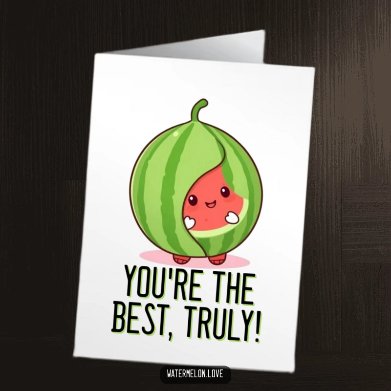 Funny free printable thank you card where a cute watermelon character is playfully peeking from behind a large, happy leaf.