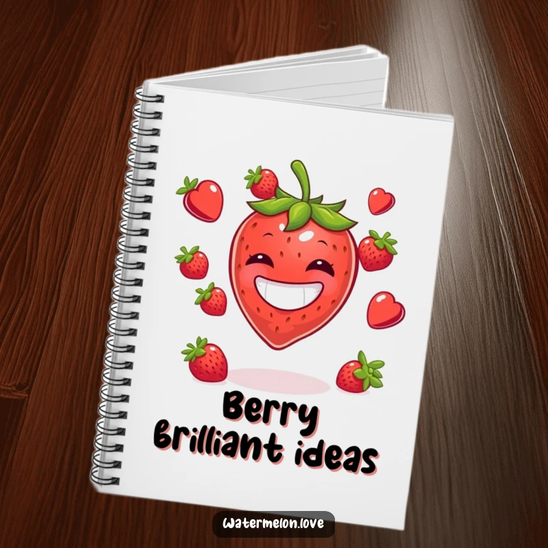 Funny notebook with a cover illustration of a smiling strawberry juggling multiple berries, inspiring creative writing.