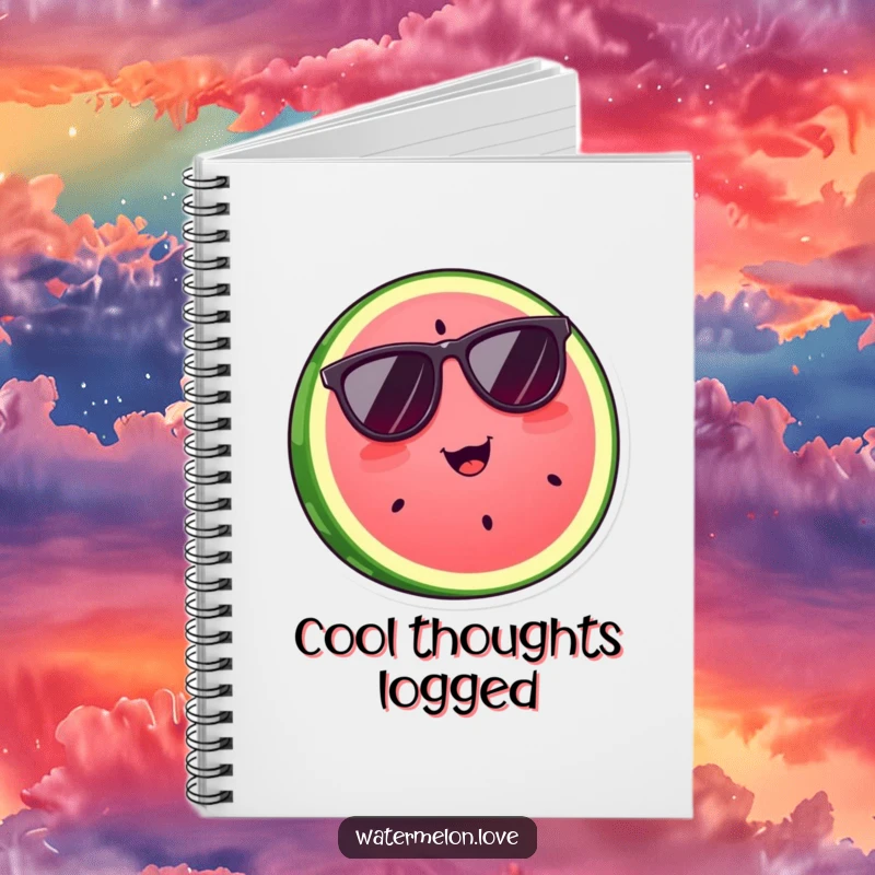 Funny watermelon slice wearing cool sunglasses, depicted on a notebook cover, a stylish and humorous gift.