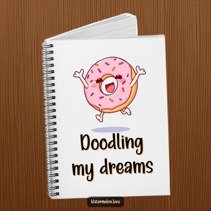 Funny notebook featuring a leaping anthropomorphic donut with sprinkles, perfect for jotting down happy thoughts.