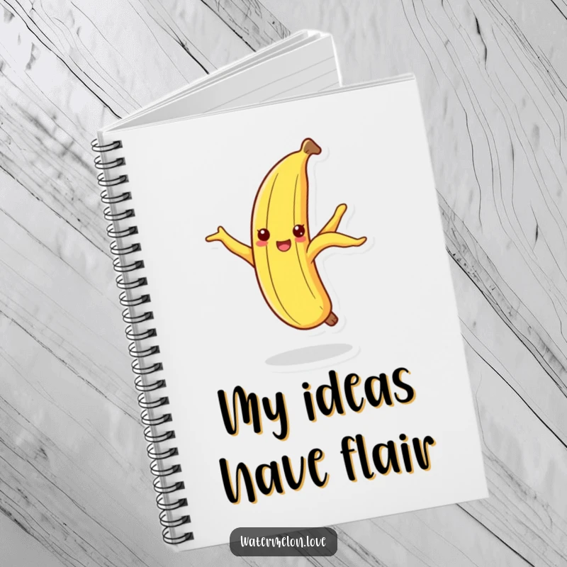 Funny dancing banana peel notebook, a cheerful fruit peel in a silly dance pose, ready for writing.