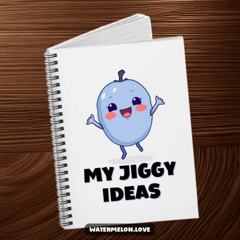 Funny Blueberry Notebook with a depicted berry doing a little jig, perfect for jotting down notes with energy.