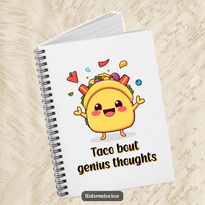Funny Kawaii Taco Notebook: A cheerful taco character juggling colorful toppings, inspiring delicious recipes and fun notes.
