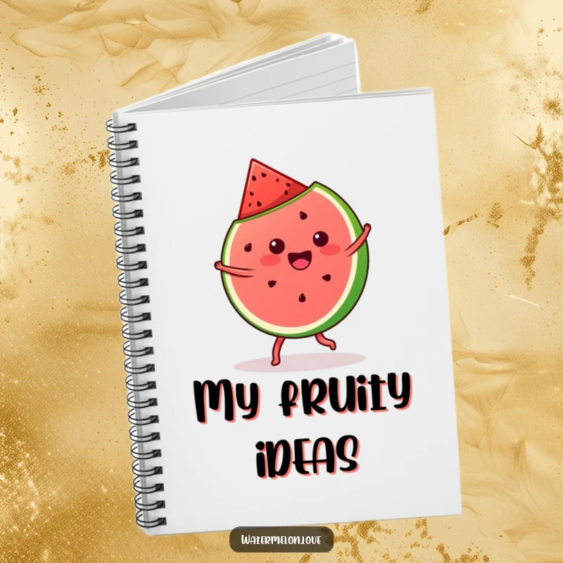 Funny kawaii watermelon slice doing a cartwheel featured on a humorous notebook for writing and sketching.