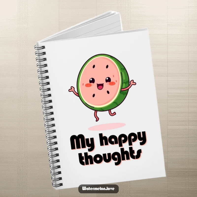 Funny kawaii watermelon slice with legs doing a happy jig, a humorous notebook for jotting down thoughts.