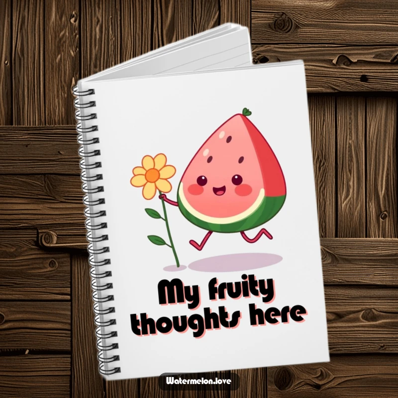 Funny kawaii watermelon with legs happily skipping with a flower, depicted on a notebook cover, ideal for a humorous and inspiring gift.