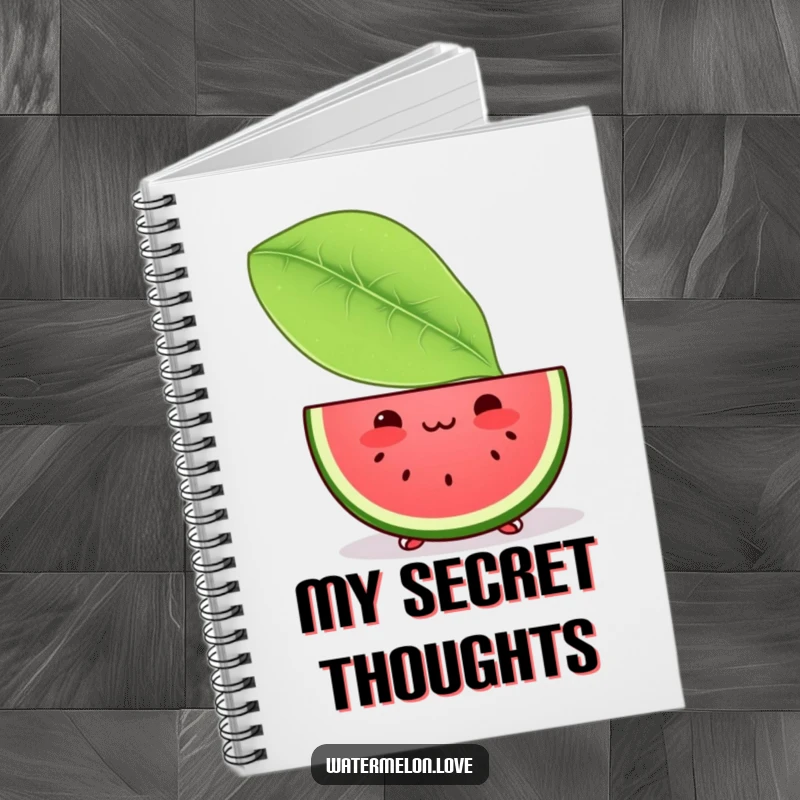 Funny notebook with a shy Kawaii watermelon slice peeking from behind a large leaf, ideal for jotting down sweet thoughts and gentle ideas.