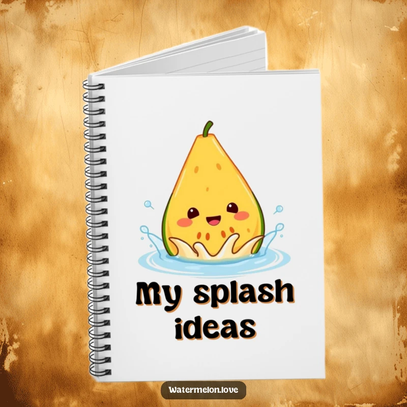 Funny melon notebook, a cheerful anthropomorphic wedge splashing in a water droplet, ideal for notes and journaling.