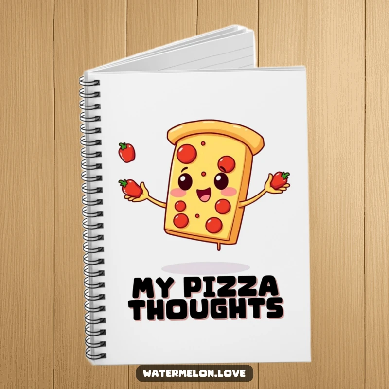 Funny pizza notebook, pages filled with a juggling anthropomorphic pizza slice, ideal for culinary notes and sketches.