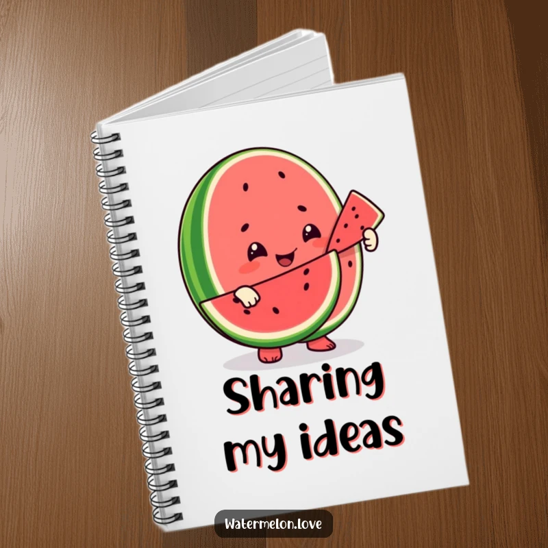 Funny notebook with a smiling watermelon character offering a slice to another fruit, inspiring kind thoughts and generous note-taking.