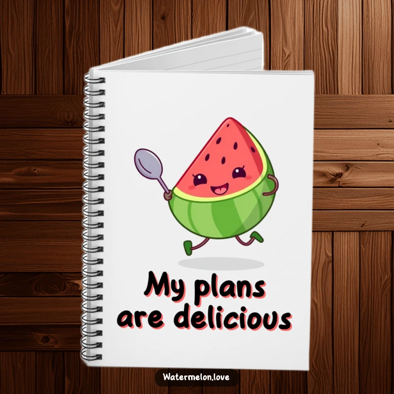 Funny notebook with a kawaii watermelon slice character, grinning cheekily and running with a giant spoon, ideal for humorous note-taking.