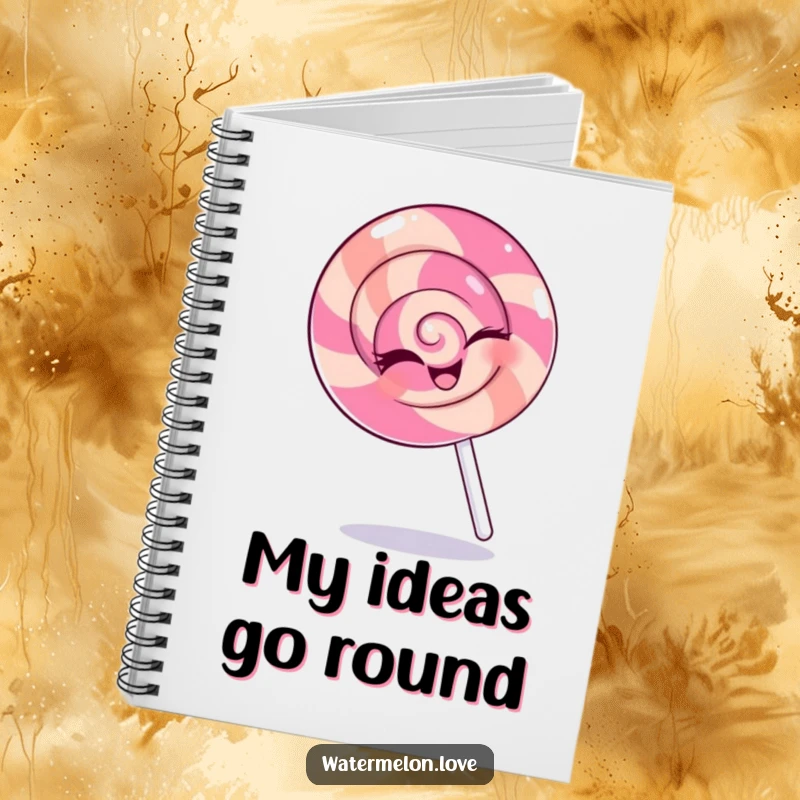 Funny notebook featuring a winking anthropomorphic lollipop spinning happily, ideal for creative writing and sweet note-taking.